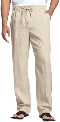 Cegerne Herren Leinenhose Lang Leicht Sommerhose, Freizeithose mit Elastischem Bund, Reißverschluss und Kordelzug, Taschen für Strand Urlaub Alltag