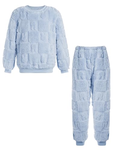 YEAHDOR Ensemble de Pyjama Flanelle Enfant Fille Garçon Vêtements de Nuit Deux Pièces Chemise De Nuit à Manches Longues et Pantalons Longs pour 12 mois-14 Ans Bleu A 9-10 Ans