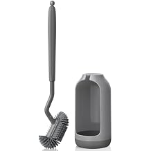 HAMITOR Toilet Bowl Brush Holder Set Deep Cleaning Silicone Toilet Cleaner Scrubber Under Rim with Curved Bristle for Bathroom Dead Corner Clean - Modern Rv Toilet Decorative Accessories - Gray