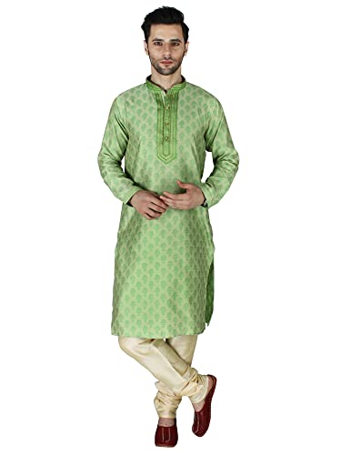 Pyjama Kurta damassé vert brodé de fils de zari, vêtement traditionnel élégant