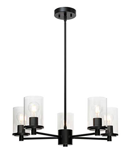 XiNBEi Lighting Chandeliers, Modern 5 Light Black Adjustable Pendant Lighting with Glass for Dining Room XB-C1240-5-MB