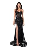 Women's Elegant Strapless Maxi Prom Dress Evening Gowns with Slit Black