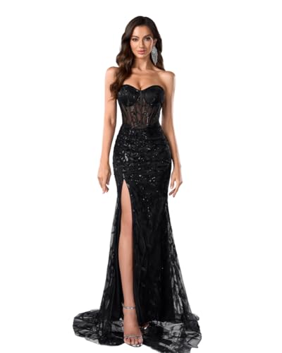 Womens Elegant Strapless Maxi Prom Dress Evening Gowns with Slit Black