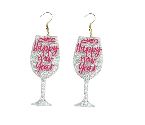 2025 New Year Glitter Acyrlic Dangle Earrings Champagne Firework Wine Glass Festive Party Jewelry Gifts-Wineglass-pink