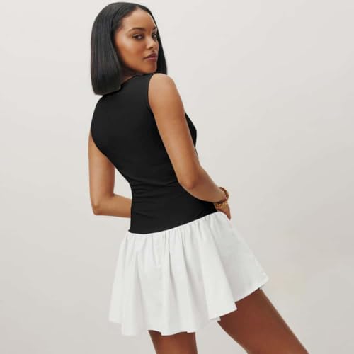 Image of YOXUA Women's Tank Drop-Waist A Line Dress Sleeveless Crewneck Solid Slim Fit Puffy Beach Short Summer Dresses