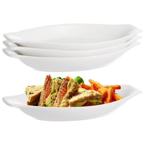 4 Pcs Oval Au Gratin Baking Dishes, Ceramic Banana Split Boats, 8 X 4 in Serving Dishes, Safe for Oven & Microwave, Mini Casserole Dishes with Dual Handles, Stackable and Easy to Clean