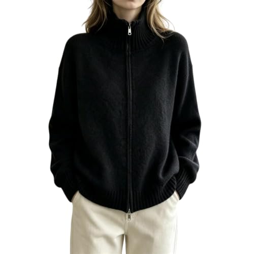 Image of Women's Full Zip Sweater Jacket, High Collar Knit Cardigan (Black,S)