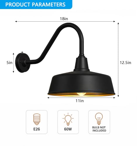 Image of JOESA 11 inch Black Outdoor Gooseneck Barn Lights, Weatherproof, 2-Pack