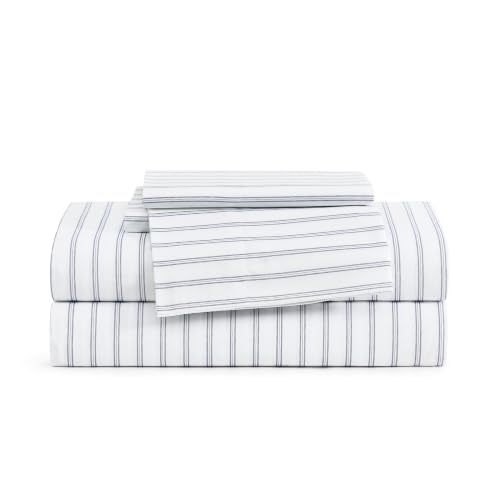 Image of Tommy Hilfiger - Twin XL Size Sheet Set, Crisp & Tailored Cooling Sheets with a Smooth Cotton Percale Lightweight Feel - Bed Sheets with Matching Pillowcase & Fitted Sheet (Joshua Tree Stripe Blue)