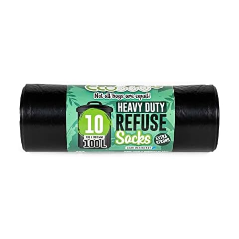 Ecobag 10 HEAVY DUTY SUPER STRONG REFUSE SACKS BIN LINER 100litre Black , 223 Cover
