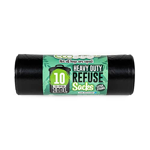 EcoBag - 10 Pack Extra Strong Heavy Duty Refuse Sacks - 100L - Recyclable Bin Bags, Leak Resistant, Eco-Friendly, Durable Waste Disposal Bags for Household & Commercial Use (736x990mm)