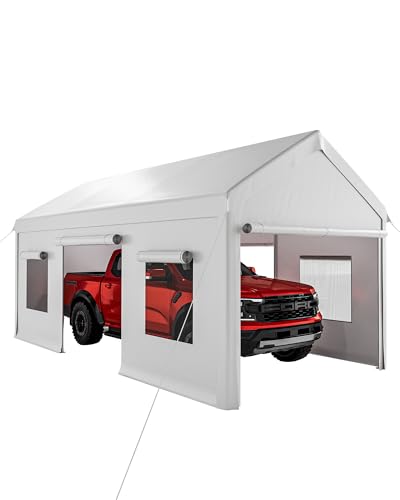 ElfinAura 10x20ft Heavy Duty Carport with PE Fabric and Galvanized Steel Frame,Portable Garage with Roll-Up Doors and 4 Windows,Car Canopy with All-Season Tarp for Car, Truck, Boat.