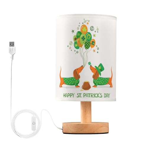 YYZZH Table Lamp Happy St. Patrick's Day Dachshund Dog Coin Irish Clover Balloon Nightstand Lamp with Wood Base Fabric Lamp Shade Bedside Desk Lamp for Living Room Bedroom Kids Room Office
