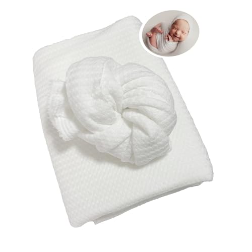 Honra Orraphtstu Newborn Photography Wraps Backdrops Sets Baby Photoshoot Props Studio Beanbag Posing Stretch Fabric Waffle Knit for Boys Girls (White, Wrap with Backdrop)