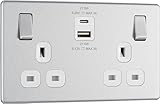 BG Electrical 22W Double Switched Power Wall Plug Socket with Fast Charge Type A and C USB Ports, Screwless, Flatplate, Brushed Steel, White Inserts, 13A, FBS22UAC22W