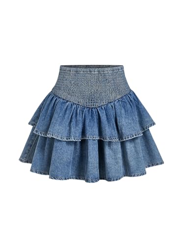 MakeMeChic Women's Shirred Denim Mini Skirt Ruffle Tiered Layer Short Jean Skirts