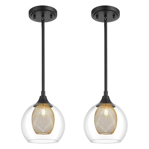Audickic Pendant Lights Kitchen Island 2 Pack, 7" Matte Black Pendant Light with Clear Glass Globe and Brass Honeycomb Metal Shade, Farmhouse Hanging Light Fixtures for Dining Room, AD-22001-1P2-BK Cover