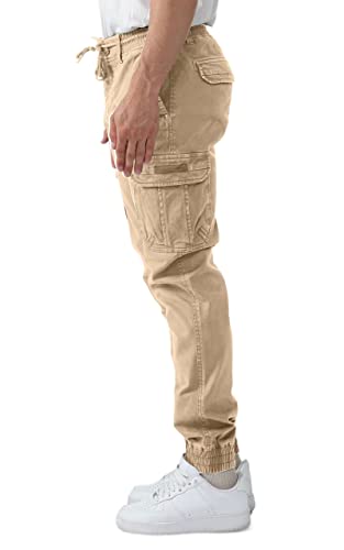 Bohobean Mens Cargo Pants, 100% Cotton Slim Fit Drawstring Casual Pants Hiking Work Sweatpants, Muti-Pockets Jogger For Men Khaki #TOP1