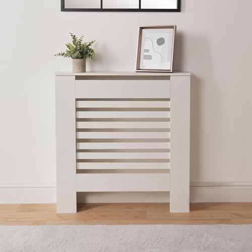 OHS Small White Radiator Cover Stylish Durable Wooden Frame Modern Slatted Design Radiator Cover Panels MDF for Living Room Bedroom or Hallway
