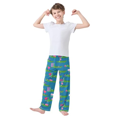 Crocodile Love Heart Boys Long Pants Soft Trousers Elastic Waist Kids Lounge Bottoms with Pockets S-XL2