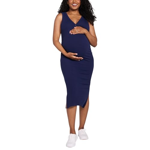 Motherhood Maternity Women’s Sleeveless Henley V-Neck Rib Knit Midi Bodycon Pregnancy Dress, Peacoat, Medium