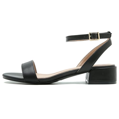 Image of Women's Ankle Strap Sandals, Low Block Heel, Open Toe Summer Dress Shoes with Buckle Closure