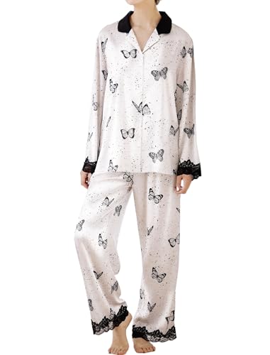 Satin Pajama Set for Women 2 Piece Long Sleeve Button Up Silky PJ Sets Loungewear Soft Satin Sleepwear with Pocket