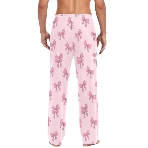 Men's Pink Bow Pattern Pajama Pants with Pockets - Straight Fit Cotton Sleep Bottoms for Lounge & Nightwear#3853