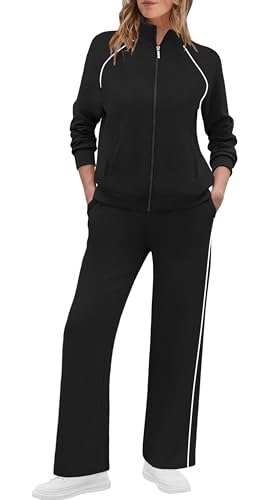 XIEERDUO Lounge Set for Women 2 Piece Fall Outfits Winter Tracksuit Workout Sweatsuit Wide Leg Loungewear Long Sleeve Sweat Jacket Track Suit Sweatpant Vacation Clothing Travel Airport Clothes Black L