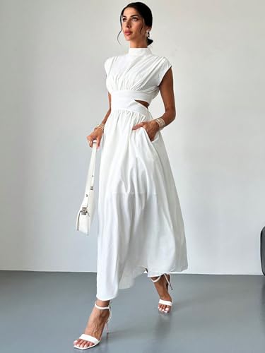 Milumia Women's Mock Neck Cut Out Dress Cap Sleeve Long Flowy Going Out Maxi Dresses with Pockets3