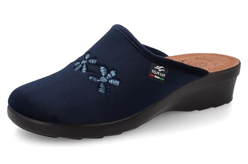 Pantofole donna bleu 37 en cuir et tissu brodé haut de gamme