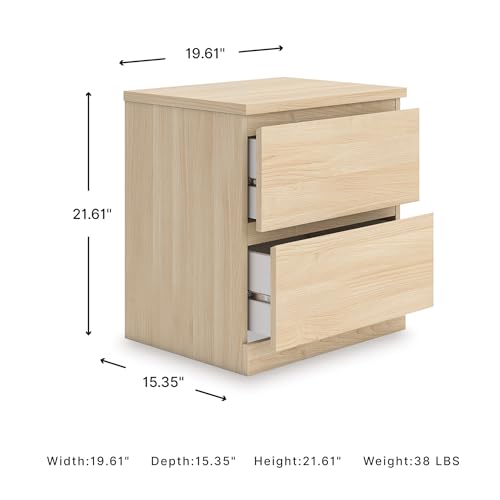 Image of Signature Design by Ashley Onita Two Drawer Nightstand, Minimalist Hardwareless Wood Look, Compact Bedroom Storage, Natural Beige, 20 Inch