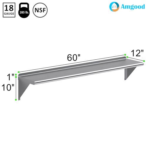 Image of AmGood 60 inch Long X 12 inch Deep Stainless Steel Wall Shelf | NSF Certified | Appliance & Equipment Metal Shelving | Kitchen, Restaurant, Garage, Laundry, Utility Room