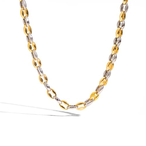 Collier grain de café en acier bicolore or et argent, une chaîne creuse unisexe polyvalente