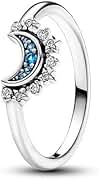 PANDORA Celestial Blue Sparkling Moon Ring - Silver Ring for Women - Layering or Stackable Ring with Blue Crystals - Gift for Her - With Gift Box