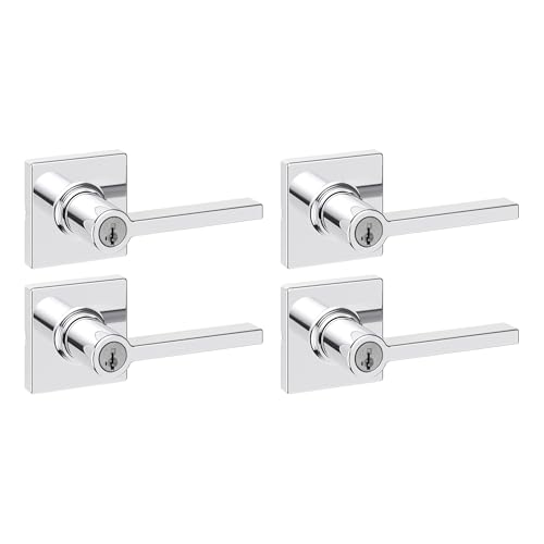 Image of Kwikset Casey Entry Door Handle with Lock and Key, Secure Keyed Reversible Lever Exterior, for Front Entrance and Bedrooms, Polished Chrome, 4 Pack, Pick Resistant SmartKey Rekey Security