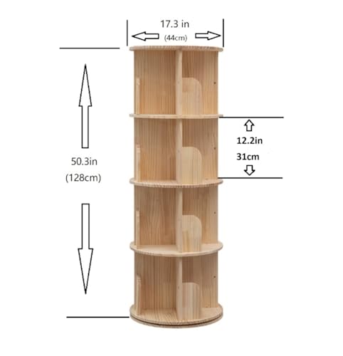 Heehee Rotating Wooden Bookshelf 360 Display 4 Tier Floor Standing Bookcase Storage Rack for Kids&Adults Solid Wood Bookshelf Organizer