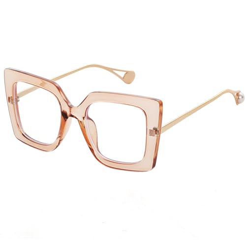 Image of Oversized Square Blue Light Blocking Glasses for Women Thick Fashion Pearl Inlay Arm Eyewear Computer Eyeglasses