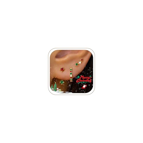 Poxtex Christmas Earrings Jewelry for Women, Gold Red Green Stud Hoop Jacket Festive Holiday Earring Set, Christmas Stocking Stuffers for Women Gifts