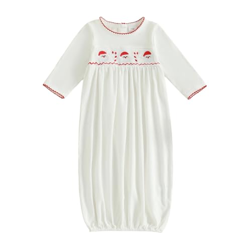 Newborn Baby Girl Boy Christmas Outfit Santa Claus Embroidery Sleepwear Smocked Bubble Long Sleeve Nightgown Pajama Sleeper (White Newborn)