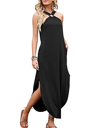 ANRABESS Women Summer Halter Neck Sundress Sleeveless Split Side Casual Beach Travel Vacation Maxi Long Dress with Pockets4