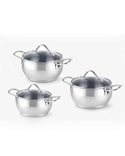 Bavary Bateria De Cocina 6 pzs - 18/10 Juego De Ollas Cocina, Ollas Acero Inoxidable - Cacerolas De Cocina Induccion - Cazo Cocina, Tapas Vidrio,capsulado,eco,apilable - Todo Fuego Ceran/gas