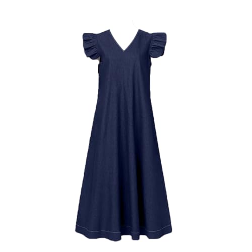 Robe en denim ample col en V pour femme au style décontracté