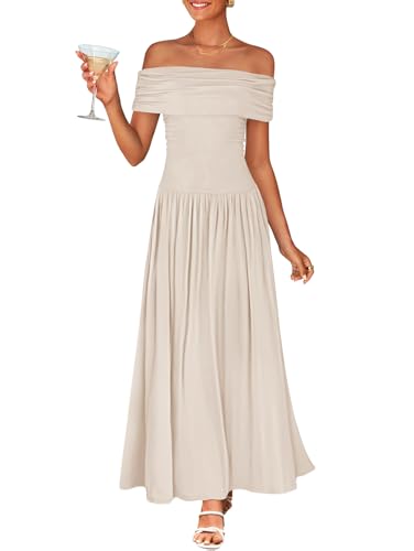ZESICA Women's Off The Shoulder Maxi Dress 2025 Summer Sleeveless Casual Slim Swing Pleated Formal Party Dresses,Apricot,L