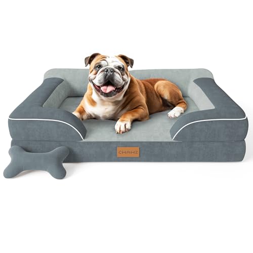 CWAWZ Dog Beds for Large Dogs, Orthopedic Dog Bed with Cooling Gel Memory Foam, Waterproof Large Pet Bed with Removable Washable Cover, 36" Pet Sofa Couch Dutch Velvet with Bone Toy, Dark Gray