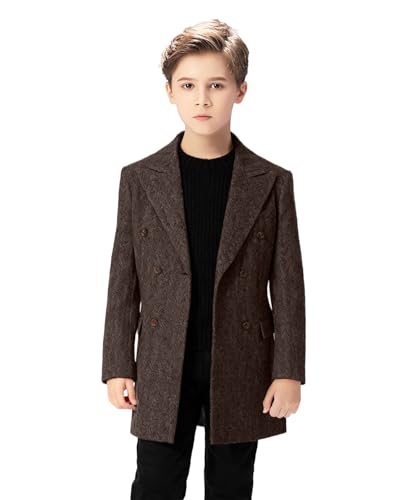 Image of Yavakoor Boys Dark Brown Dress Coat Tweed Herringbone Double Breasted Jacket Winter Peacoat Notch Lapel Long Trench Coats