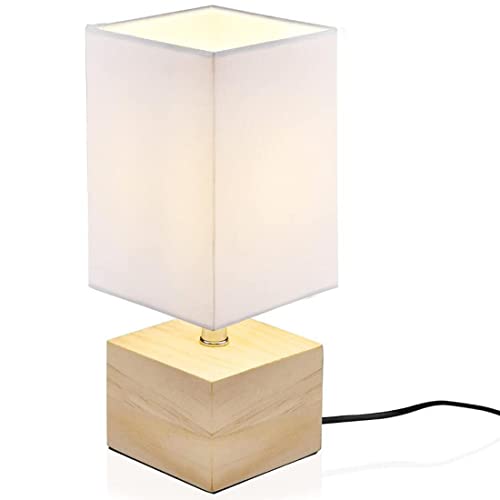 FREETT Blanca Lámpara de Mesa Cuadrada, Vintage Lámpara de Escritorio con Pantalla de Tela, Base de Madera, E27 Decorativa Lámpara de Cabecera para Dormitorio Estudio Habitación Infantil Cover