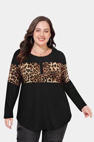 Image of CARCOS Plus Size Tops for Women Long Sleeve Fall Tunic Color Block Camo /Plaid /Leopard /Fall Blouse Crewneck Tshirt XL-5XL