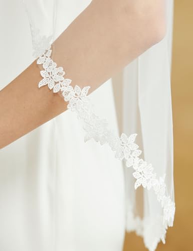 BEAUTELICATE Fingertip Length Veil Lace Applique Edge Wedding Bridal Veil with Comb 1 Tier