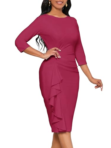 Image of Church Dresses for Women 3 /4 Sleeve Ruffle Vintage Bodycon Cocktail Work Midi Pencil Dress